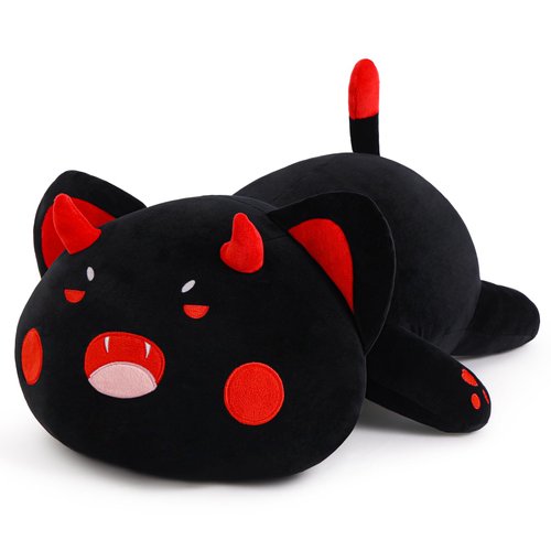 SNOWOLF Black Cat Plush Pillow Kawaii Toy Cute Soft Cat Stuffed Animals Kitten Plushie Doll Great Gift for Kids and Adult Birthday Christmas Valentines Day, 12", Black Red