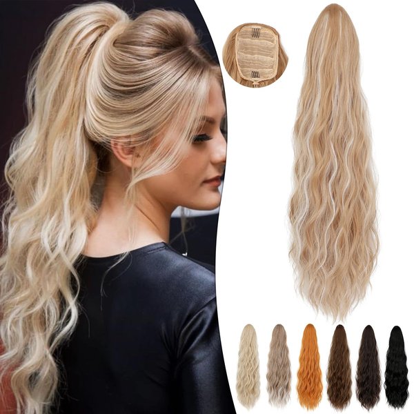 Fanguilar Ponytail Extension 24 Inch Long Curly Wavy Drawstring Ponytail Extension Synthetic Hair Extensions Ponytail for Women Daily Use Ash Blone Mix White