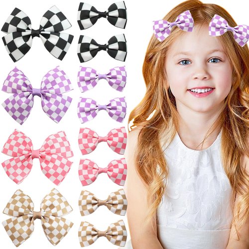 12 PACK Checkered Hair Clip, Racing Checkered Flag Hair Bow Clips, 3 Inch Racing Fan Pigtail Hair...