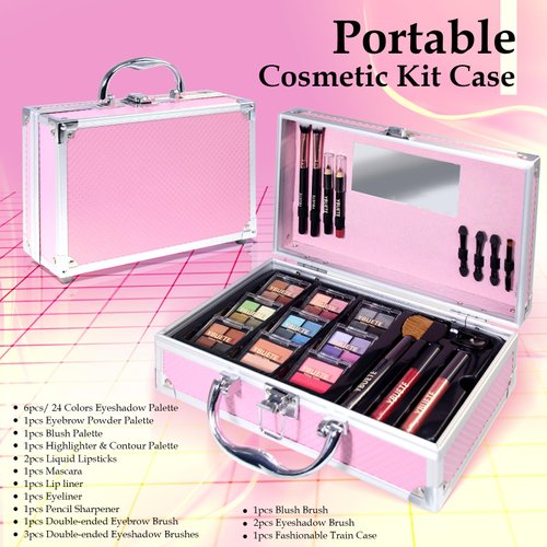 YBUETE Makeup Kit for Teens Girls Women, Full Starter Cosmetics Set, Makeup Present Set, Beginner Makeup Kit, Cosmetic Train Case For Women Full Kit, Included Eyeshadow Blusher Contour Eyebrow Powder