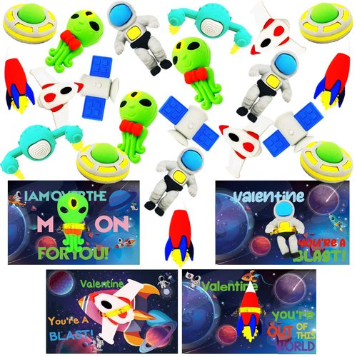Valentines Day Cards for Kids with Outer Space Puzzle Erasers and Scratch Magic Cards, 28 Pack Space Pattern Valentine's Greeting Cards Party Favor Gift for Kids School Classroom Prize Gifts Exchange