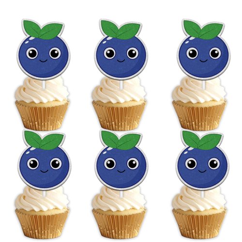 18pcs Blue Glitter Cute Blueberry Dessert Cupcake Topper Pick for Funny Fruit Theme Decor Supplies Baby Shower Men Women Boys Girls Happy Birthday Party Decorations