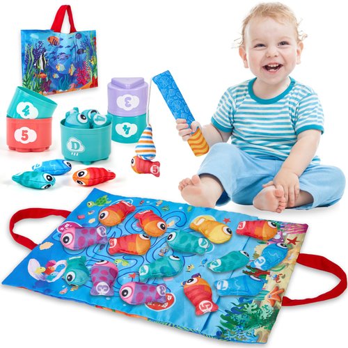 Metyniete Toddler Toys Montessori Toys for 1 2 Year Old Boy Girl Birthday Gift Fabric Fishing Game for Toddlers 1-3 Toys with Stacking Cups Number Counting Color Sorting Shape Learning for Baby Gifts