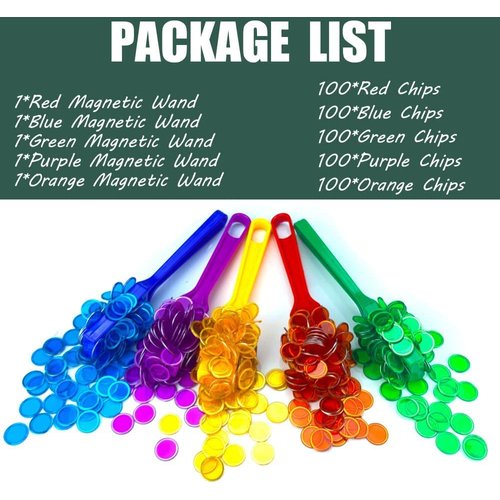Dacefloy Magnetic Wands and Bingo Chips Game Tokens Educational STEM Kits for Learning, Sensory Bins, Science, Counting & Sorting 5-Pack & 500 Metal Chips