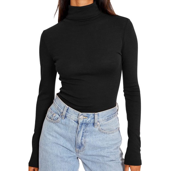 Trendy Queen Womens Long Sleeve Tops Mock Neck Turtleneck Shirts Slim Fit Basic Layering Stretch Soft Thermal Undershirts Fall Winter Going Out Tops 2023 Black