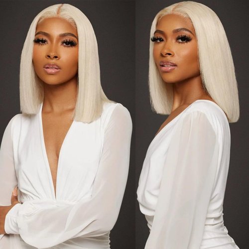 Byluxurious 60# Grey Platinum Blonde Wig Human Hair for White Pre Plucked HD Transparent Short Bob Wigs Human Hair Silver Ash White Lace front Wig For Women T Part Brazilian Hair 14 Inch 150 Density