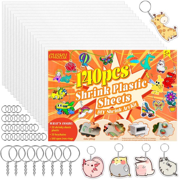 Gushu 140PCS Shrinky Plastic Sheets Kit, Shrink Paper Keychain Kit with 20PCS Shrink Paper 120PCS Keychains and Open Iron Ring for Kids Creative Craft Marking, Handprint Keychains