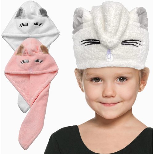 sisiten Kids Microfiber Hair Towel for Girls - Quick Drying Hair for Children - Super Absorbent Head Turban with Button - 2 Pack Pink