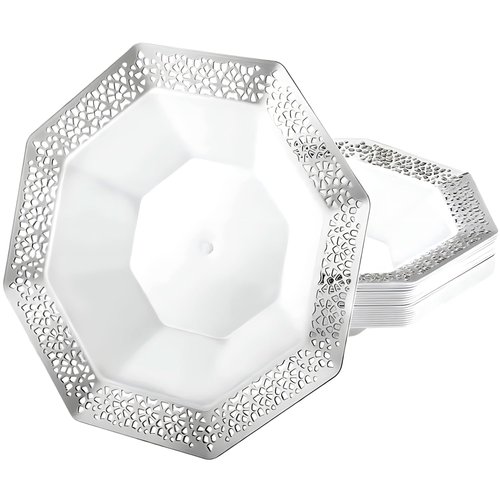 Lillian Tablesettings 5 oz | Silver Lacetagon | Pack of 10 Plastic Bowls, (34185)