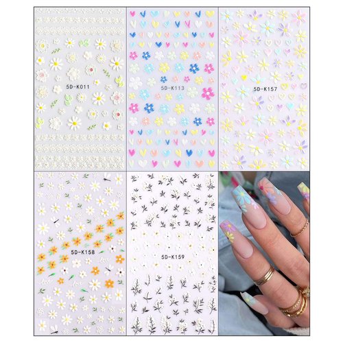 5 Sheets 3D Embossed Flower Nail Art Stickers Decals 5D Self-Adhesive Pegatinas Uñas Colorful Daisy Blossom Floral Nail Supplies Nail Art Design Decoration Accessories