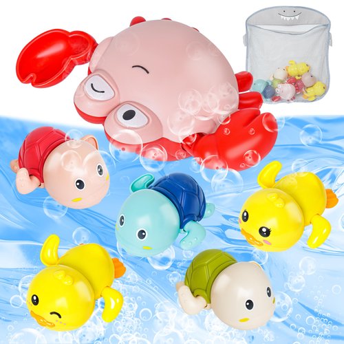 Baby Bath Toys 7 Packs Cute Swimming Toys for 3+ Months Baby, Include Cute Turtles,Yellow Ducks, Crab and Shark Mesh Toy Organizer, Suit Pool Games | Bath | Beach for Toddlers for Kids Boys Girls