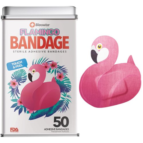 BioSwiss Bandages, Flamingo Shaped Self Adhesive Bandage, Latex Free Sterile Wound Care, 50 Count