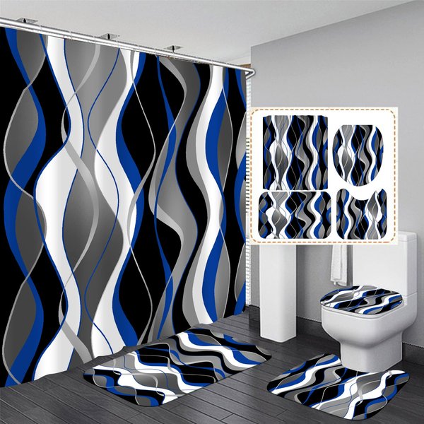 Nkzply 4 Pcs Blue and Black Striped Shower Curtain Set Grey and White Bathroom Sets Modern Home Bathroom Decor with Rugs and Toilet Lid Cover
