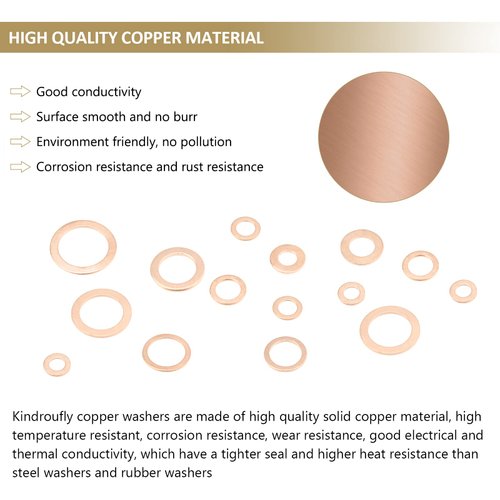225 Pieces Copper Metric Flat Washers, Sealing Washers, Kindroufly 10 Sizes Copper Washers, Metal Washers Assortment Kit (M5 M6 M8 M10 M12 M14 M16)