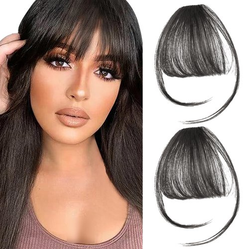 2PCS Hair Clip in Bangs Real Human Hair, Curved Bangs Hair Clip Wispy Bangs with Temples Hairpieces,Bangs Clip in Hair Extensions Air Fringe Clips on Bangs for Women Girls Daily Wear - Natural Black