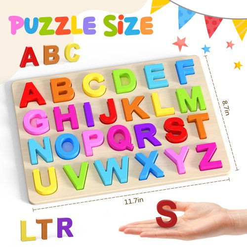 Zeoddler Alphabet Puzzles, Wooden Puzzles for Toddlers, ABC Shape Puzzles for Kids, Preschool Learning Activities, Gift for Girls Boys