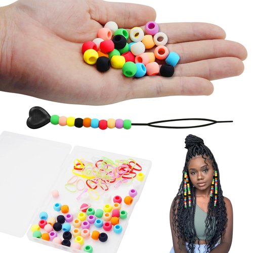 50Pcs Girls Hair Beads Kids Decorations, Silicone Hair Beads Decors Colorful Rubber Band Hair Beads with Hair Threader Plastic Box, Hair Pony Beads for Kids Girls Women Braids Hair Accessories