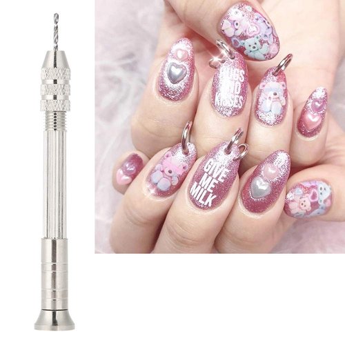 Nail Tools, Two Drill Bits Detachable Nail Piercing Tool for Nail Piercing Nail Decor Hand Drill and Beaded Rings for Tips Nail Drill
