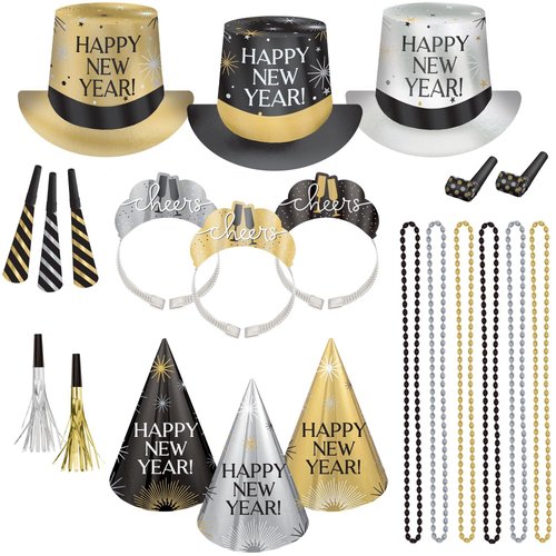 Amscan Party City New Year’s Eve Wearables and Noisemakers for 25 Guests, Party Supplies, Black, Gold and Silver, 75 Piece