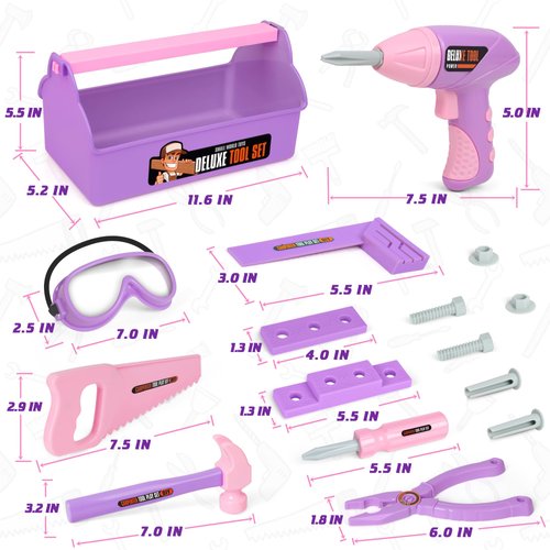 Pink Purple Kids Tool Box Toy Construction Tools (18PCS) Hand Drills,Can be Used at Home,Outdoors,or at Gatherings with Friends Pretend Play Learning Gift for Kids 3 4 5 6 7 Years Old