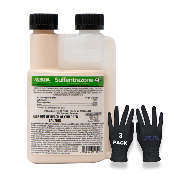Agrisel Sulfentrazone 4F Weed Killer, Pre-Emergent and Post-Emergent, Broad-Spectrum Control, Stops 100+ Weeds, Pet Safe, Includes 3-Pack of Agrisel Protective Gloves, 8 Ounces