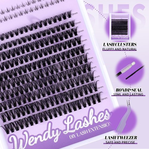 WENDY Lashes Clusters DIY Eyelash Extension Kit - D Curl 40D & Bottom Lashes with Bond and Seal Tweezers Black Cluster Eyelash Extensions Wispy Soft Individual Lashes, Suitable for Beginners, 10-16 MM