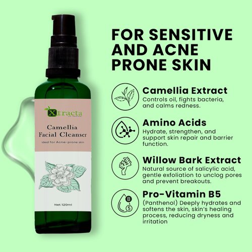 Xtracta Camellia Hydrating Facial Cleanser (4 Fl Oz) - Exfoliating Cleanser face wash with Camellia Extract (Green Tea), Amino Acids, Salicylic Acid & Pro-Vitamin B5 for Sensitive & Acne-Prone Skin