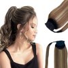 Remy Ponytail Hair Extensions Ombre Human Hair Ponytail Extension Black to Chocolate Brown Mix Caramel Blonde Highlights Remy Hair Extensions Silky Hair Pony Tail One Piece 16inch 80g for Women