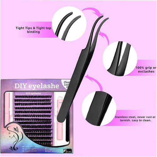 DIY Lash Extension Kit Volume Lash Clusters 50D D Curl Individual Lashes Lash Clusters Kit Thick Eyelash Extension Kit 280 pcs Thin Band Cluster Lashes Lash Bond and Seal Lash Tweezers(Fluffy50D kit)