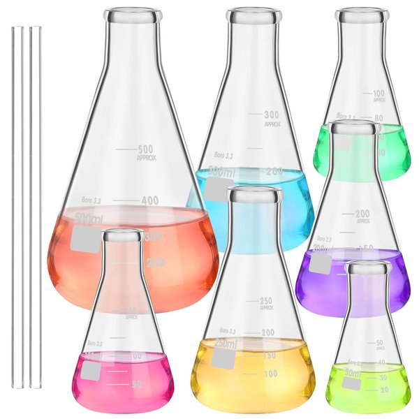 9 Pack Glass Erlenmeyer Flask Set with Glass Stirring Rod, 7 Sizes, 50ml, 100ml, 150ml, 200ml, 250ml, 300ml, 500ml, Borosilicate Glass Erlenmeyer Flasks with Printed Graduation for Lab Chemistry