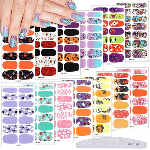 182 Pieces Halloween Nail Wraps EBANKU 13 Sheets Nail Polish Stickers Strips Pumpkin Bat Ghost Halloween Self-Adhesive Full Nail Art Stickers for Women Girls DIY Nail Decorations