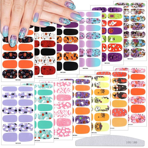 182 Pieces Halloween Nail Wraps EBANKU 13 Sheets Nail Polish Stickers Strips Pumpkin Bat Ghost Halloween Self-Adhesive Full Nail Art Stickers for Women Girls DIY Nail Decorations