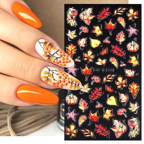 Fall Nail Art Stickers Autumn 5D Self Adhesive Nail Decals Thanksgiving Embossed Nail Art Supplies Maple Leaves Pumpkin Butterfly Rose Nail Design for Women Girls Decoration Halloween Party, 6 Sheets