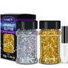 Holographic Chunky Glitter 50g Silver+50g Gold Body Glitter with Multi-Shapes 100g/3.52oz Sparkle Glitter for Body Face Eye Hair Makeup Glitter for Resin Project+Quick Dry Makeup Glue