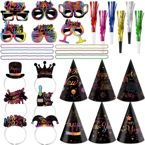 2025 Colorful New Year Party Supplies 36 PCS New Year Eve Party Decorations Happy New Year Celebration Hats,Hairband,Horns,Necklances for New Year Party Favors