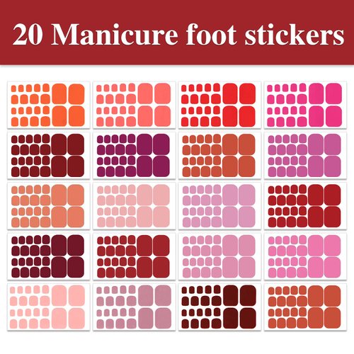 WOKOTO 20 Sheets Toenails Nail Polish Stickers Full Nail Wraps for Women Red Nail Art Sticker Self Adhesive Nail Gel Stickers for Toes Nail Color Strips with Nail File Nail Polish Wraps for Toenails