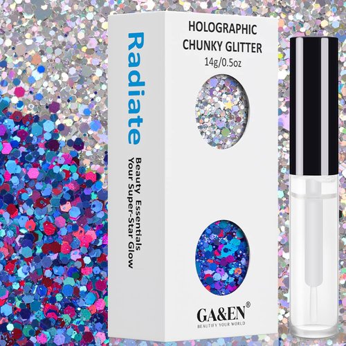 Silver and Purplish Blue Holographic Chunky Glitter Cosmetic Body Hair Face Eye Nail for Festival Carnival Concert Party Beauty Rave Accessories Different Sizes&Shapes 14g+ Quick Dry Primer Glue Gel