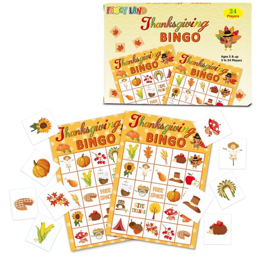 Fancy Land Thanksgiving Bingo Game 24 Players for Kids Holiday Party Craft Supplies