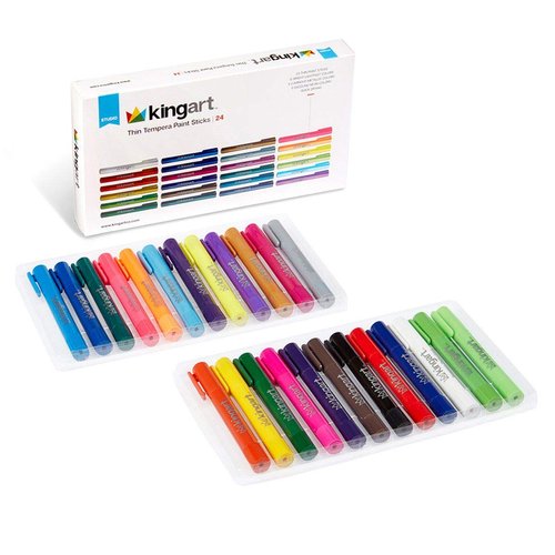 KINGART 574-24 TEMPERA PAINT Thin Sticks, Set of 24 Rich Colors, Solid Tempera Paint for Kids, Super Quick Drying, Non-Toxic, Work Great on Paper, Canvas, Wood, Glass and more
