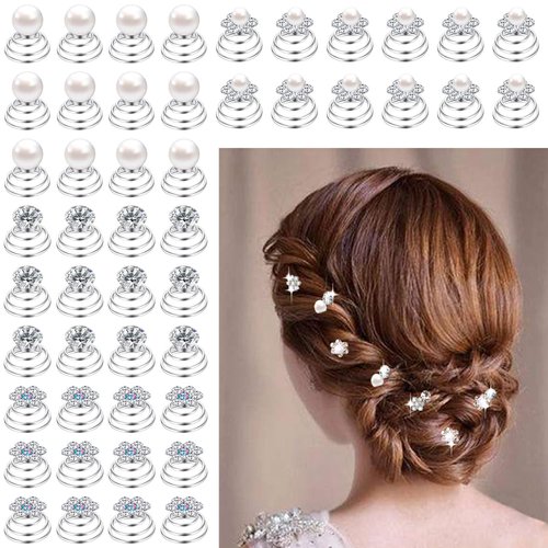 Spiral Hair Pins for Women, Decorative Hair Gems for Braids, Rhinestone and Pearl Twisted Silver Coil for Wedding, Bridal, Prom, Party and Special Occasion, Pack in Box,48pcs