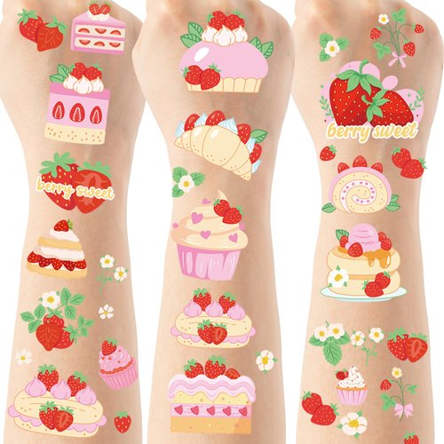 Strawberry Temporary Tattoos Party Favors - 3 Styles 6 Sheets Strawberry Shortcake Birthday Party Supplies, Baby Shower Home Activity Berry Party Decorations, Treat Bag Stuffers for Kids