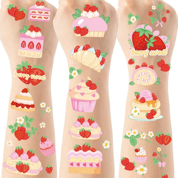Strawberry Temporary Tattoos Party Favors - 3 Styles 6 Sheets Strawberry Shortcake Birthday Party Supplies, Baby Shower Home Activity Berry Party Decorations, Treat Bag Stuffers for Kids
