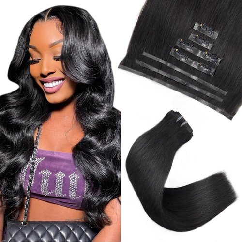 FBLhair 18 inch Seamless Clip in Hair Extensions Human Hair 110g 7pcs Invisible Clip in Hair Extensions Black Women PU Weft Real Human Hair Extensions Clip ins Hair Pieces 1B Natural Black Straight