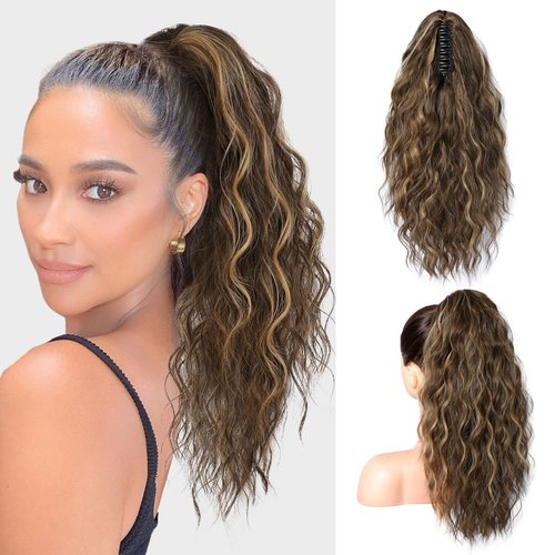 JWLFLOWXISS Ponytail Extension, 16" Long Curly Wavy Pony Tails Hair Extension Invisible Claw Clip in Ponytail Hair Extensions Synthetic Hairpieces for Women Daily Use