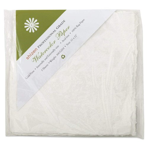 Shizen Design, Watercolor Paper, White, Cold Press, 12 x 12 Inches, Pack of 5 Sheets, WC 315