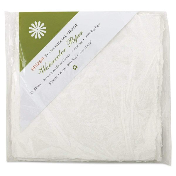 Shizen Design, Watercolor Paper, White, Cold Press, 12 x 12 Inches, Pack of 5 Sheets, WC 315