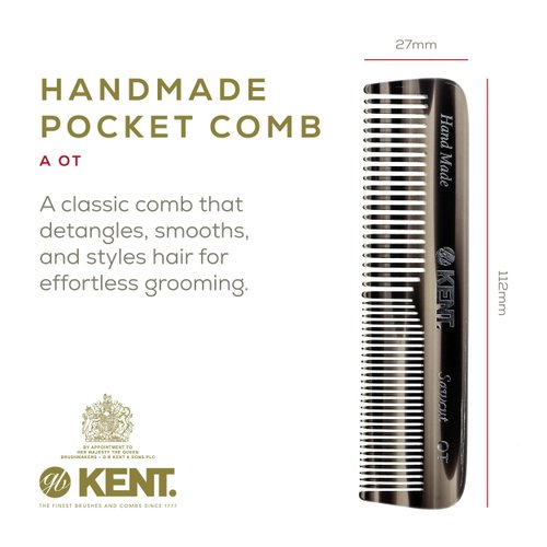 Kent OT 4.5 Inch Small Graphite Double Tooth Hair Pocket Comb, Fine/Wide Tooth Comb For Grooming Styling Hair, Beard and Mustache, for Men, Women and Kids. Saw Cut Hand Polished. Handmade in England