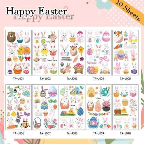 Easter Temporary Tattoos for Kids, 10 Sheets Easter Eggs Rabbit Tattoos Stickers Bunny Carrot Chick Print Waterproof Fake Tattoo Stickers for Easter Holiday Party Supplies Making Decor