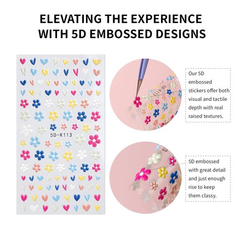 Flower Nail Art Stickers, 5D Embossed Nail Decals Nail Art Design Self Adhesive Nail Supplies with Nail Tweezer, Colorful Flower Nail Stickers for Women Manicure Decoration
