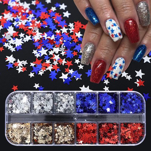 12 Grids 4th of July Nail Glitter Sequins 3D Star Nail Art Stickers Decals Holographic Red Blue Sliver Gold Star Nail Glitter Flakes Patriotic Star Glitter Nail Designs for Acrylic Nails Decoration